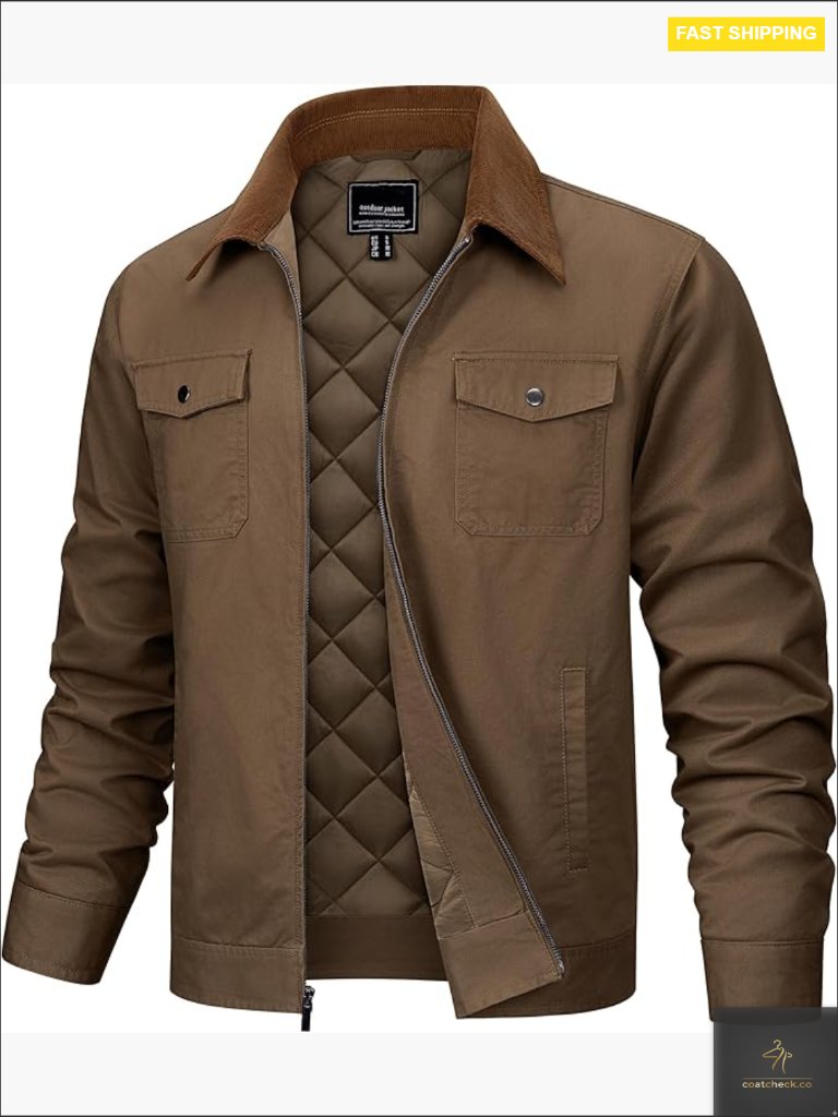 Men's Quilted Cotton Jacket Cargo Corduroy Collar 5 Pocket Work Shacket Fall